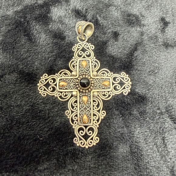 Signed BA Sterling Silver 18k Gold Black Onyx Filigree Cross Pendant Wt. 22.95g